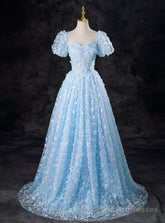 Blue Tulle Sequins Butterfly Short Sleeve Prom Dress